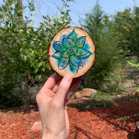 Blue Succulent Wooden Coaster
