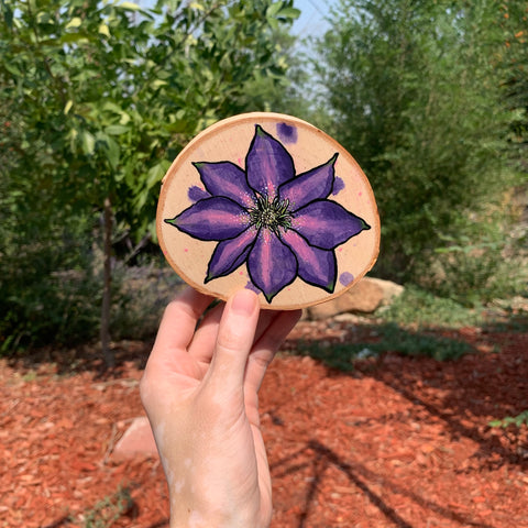 Purple Clematis Wooden Coaster